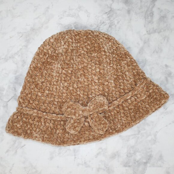 HAND CRAFTED Hat Crochet Bucket Chenille Floppy Winter Wide Brim Tan Marled - Picture 4 of 11